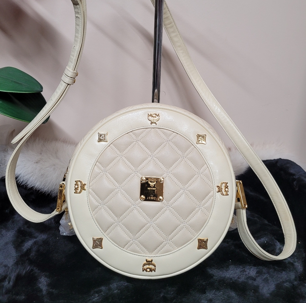 MCM Cream Quilted Round Crossbody with Gold Hardware